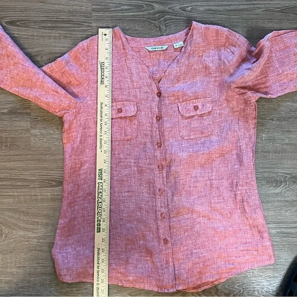 Orvis 100% Linen Shirt Women's M Red Pink 3/4 Sleeve Button Up Casual Blouse Top - Picture 4 of 10